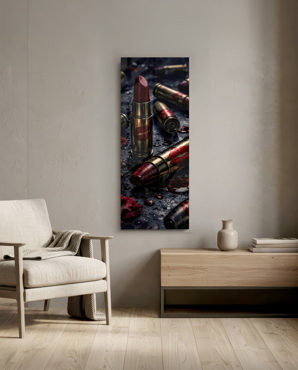 Dark, dramatic still life of crimson lipsticks shaped like brass cartridges, scattered with red lip prints, petals and water droplets. panoramic glass wall art F