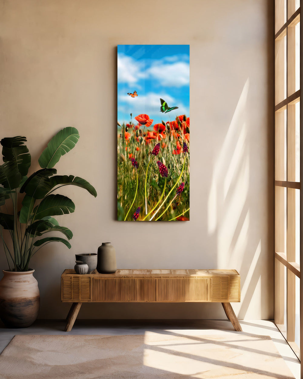Red Poppies and Butterflies Meadow Glass Wall Art (36"x14")