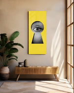 Eye Peeking Through a Yellow Keyhole Glass Wall Art (36"x14")