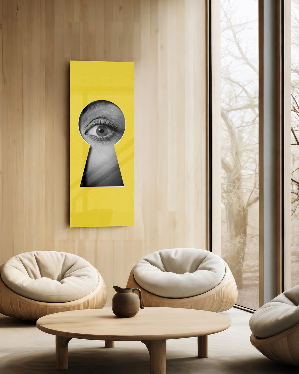 A black-and-white human eye peering out through a keyhole-shaped cutout in a flat, bright-yellow surface. panoramic glass wall art C