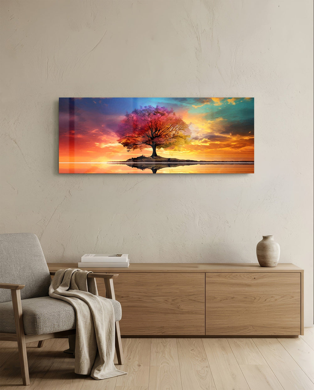 A lone tree with multicolored foliage standing on a small island, mirrored in still water beneath a fiery, cloud-swept sunset sky. panoramic glass wall art A
