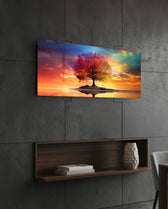 Rainbow Tree at Sunset Over Water Glass Wall Art (36"x14")