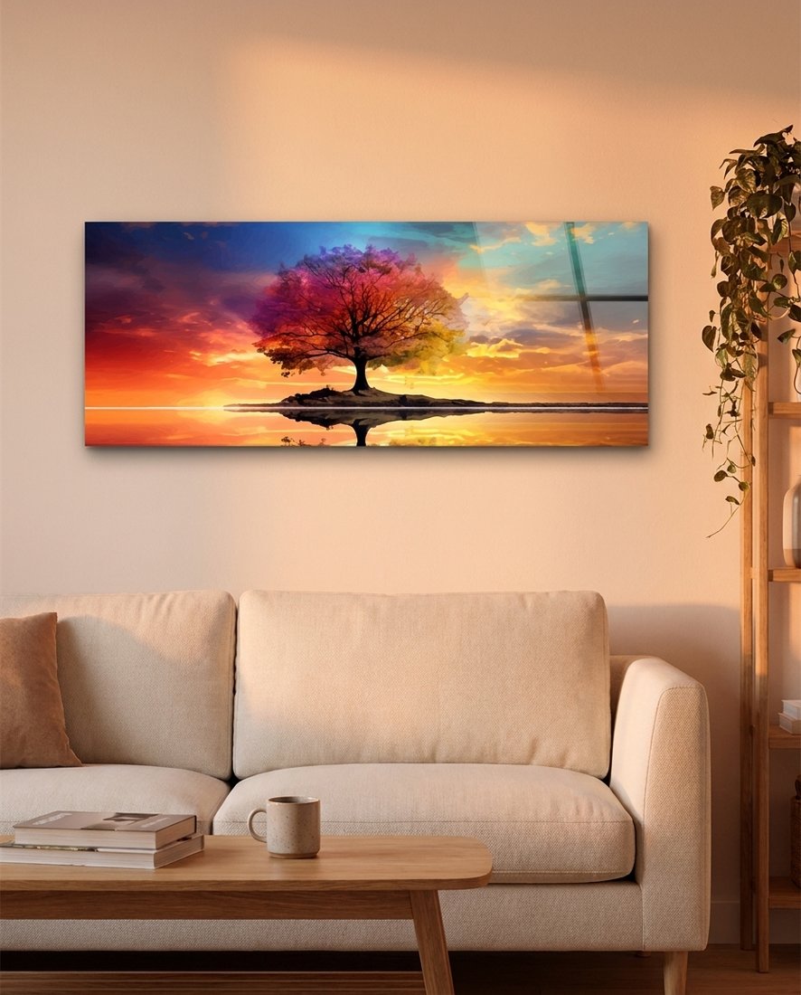 Rainbow Tree at Sunset Over Water Glass Wall Art (36"x14")