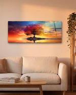 Rainbow Tree at Sunset Over Water Glass Wall Art (36"x14")