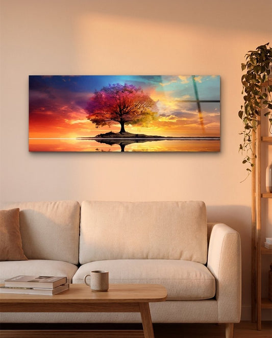 Rainbow Tree at Sunset Over Water Glass Wall Art (36"x14")