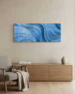Sweeping abstract brushstroke waves in shades of blue with fine silvery, silk-like striations and shimmering metallic threads. panoramic glass wall art A