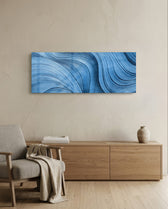 Sweeping abstract brushstroke waves in shades of blue with fine silvery, silk-like striations and shimmering metallic threads. panoramic glass wall art A