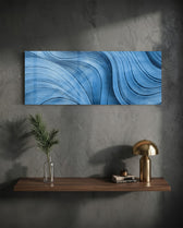 Sweeping abstract brushstroke waves in shades of blue with fine silvery, silk-like striations and shimmering metallic threads. panoramic glass wall art D