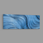 Sweeping abstract brushstroke waves in shades of blue with fine silvery, silk-like striations and shimmering metallic threads. panoramic glass wall art E