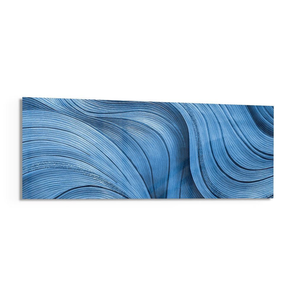 Sweeping abstract brushstroke waves in shades of blue with fine silvery, silk-like striations and shimmering metallic threads. panoramic glass wall art F