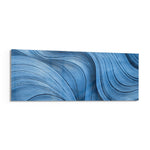 Sweeping abstract brushstroke waves in shades of blue with fine silvery, silk-like striations and shimmering metallic threads. panoramic glass wall art F