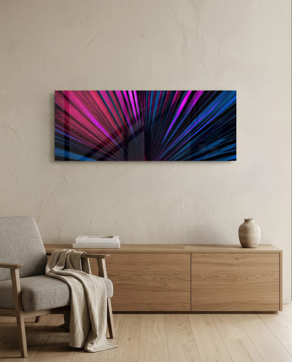 A macro fan palm leaf lit in electric neon pink and blue, its fronds radiating from a single dark point. panoramic glass wall art A
