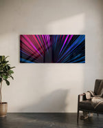 A macro fan palm leaf lit in electric neon pink and blue, its fronds radiating from a single dark point. panoramic glass wall art C