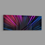 A macro fan palm leaf lit in electric neon pink and blue, its fronds radiating from a single dark point. panoramic glass wall art E