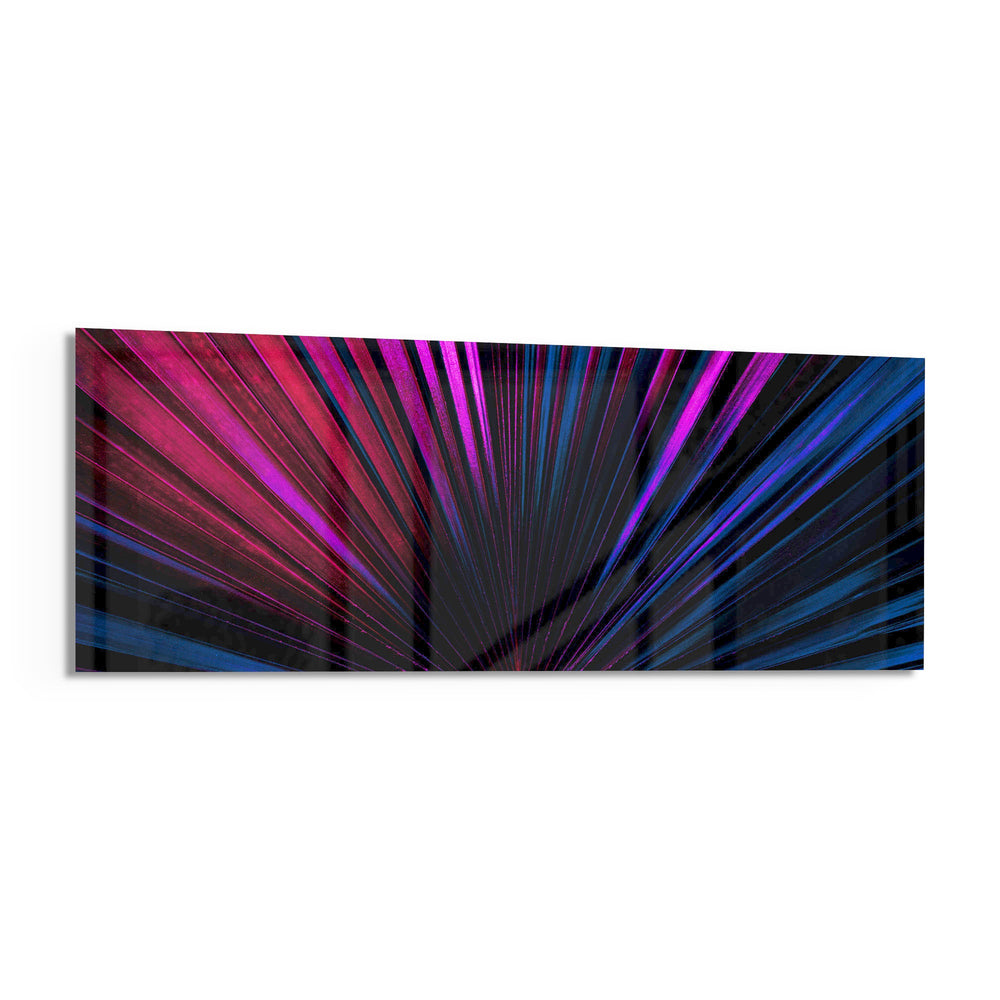 A macro fan palm leaf lit in electric neon pink and blue, its fronds radiating from a single dark point. panoramic glass wall art F