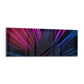 A macro fan palm leaf lit in electric neon pink and blue, its fronds radiating from a single dark point. panoramic glass wall art F