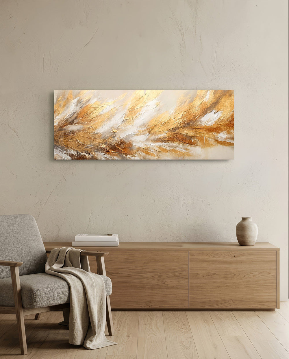 A textured abstract of feather-like strokes in gold leaf, cream and white sweeping across the panel. panoramic glass wall art A