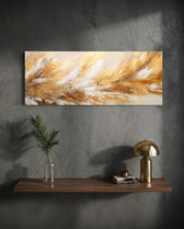 A textured abstract of feather-like strokes in gold leaf, cream and white sweeping across the panel. panoramic glass wall art D