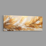 A textured abstract of feather-like strokes in gold leaf, cream and white sweeping across the panel. panoramic glass wall art E