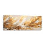 A textured abstract of feather-like strokes in gold leaf, cream and white sweeping across the panel. panoramic glass wall art F