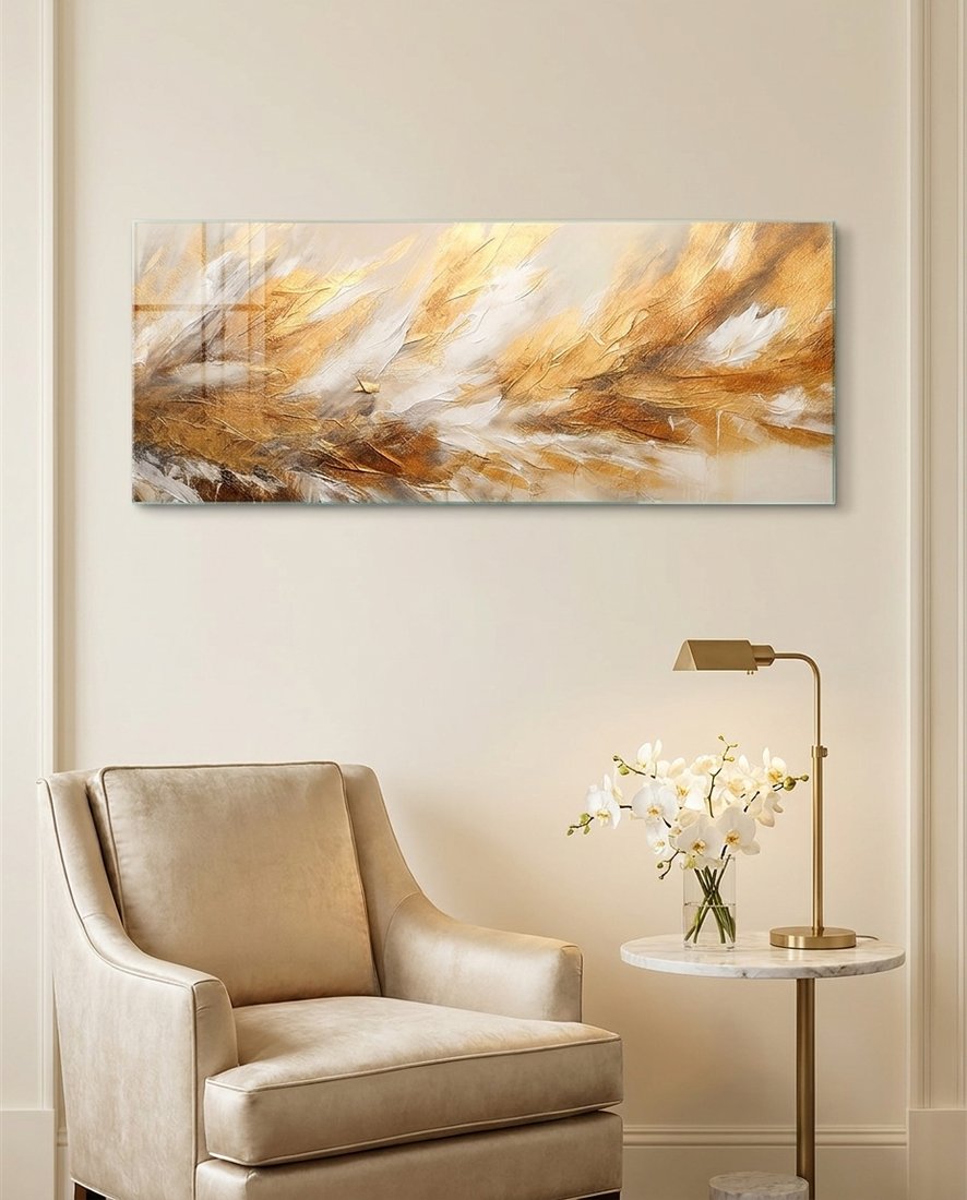Golden Feather Abstract Glass Wall Art (36"x14")
