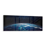 The curved edge of planet Earth seen from orbit, blue oceans and swirling clouds under a starry black sky. panoramic glass wall art F