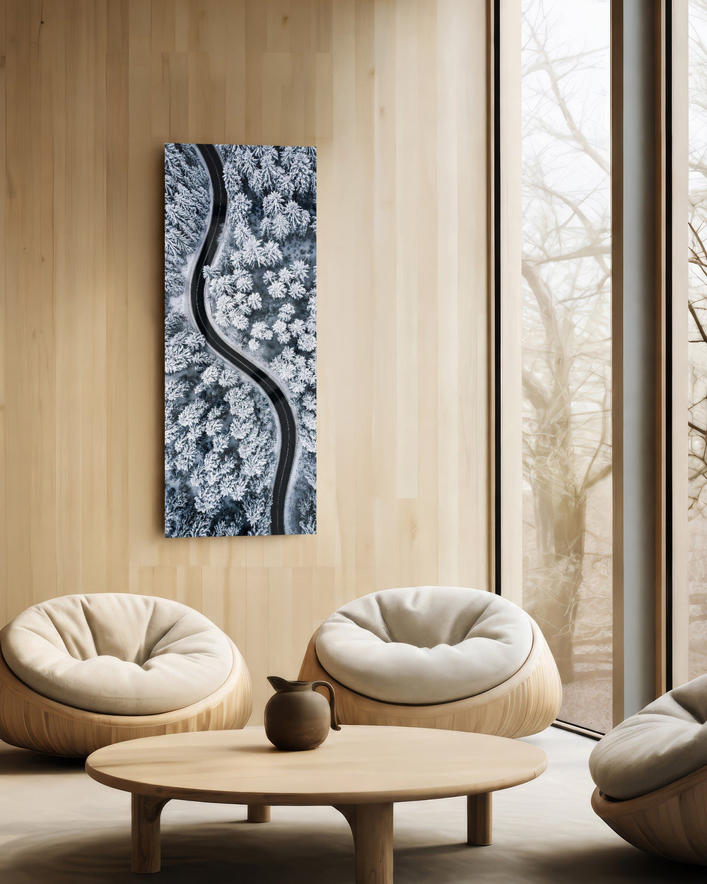 An aerial view of a dark, curving road snaking through a snow-covered pine forest in cool monochrome. panoramic glass wall art C