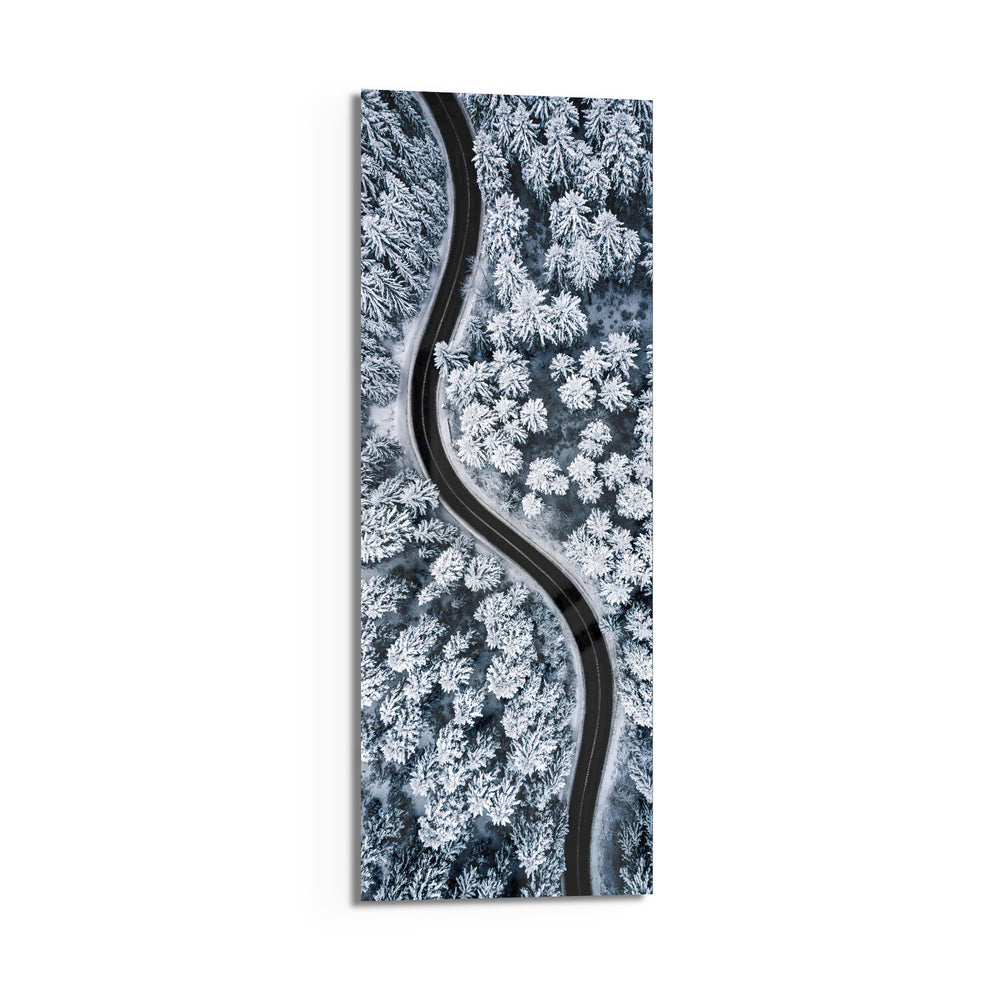 An aerial view of a dark, curving road snaking through a snow-covered pine forest in cool monochrome. panoramic glass wall art D