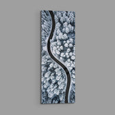 An aerial view of a dark, curving road snaking through a snow-covered pine forest in cool monochrome. panoramic glass wall art E