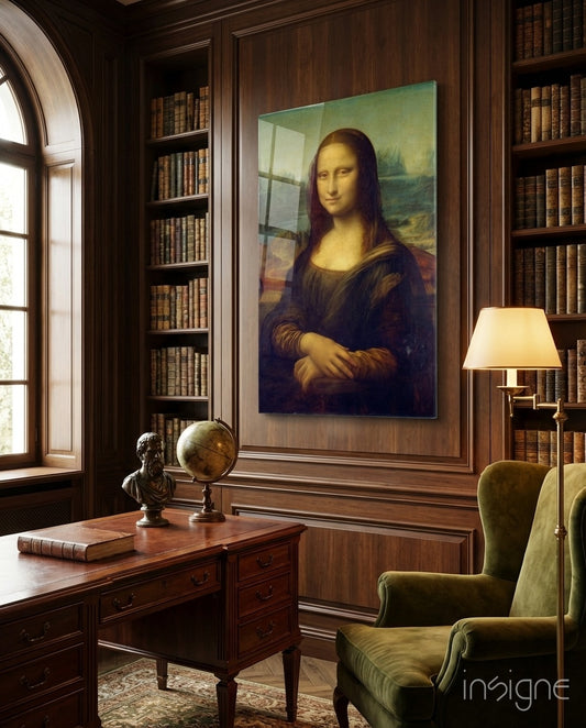Mona Lisa glass wall art displayed above a desk in a wood-paneled library