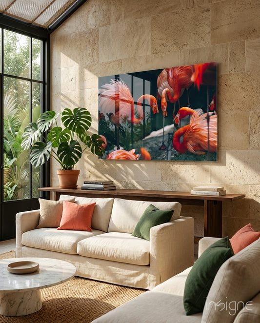 Flamingos glass wall art displayed above a console in a stone-walled living room