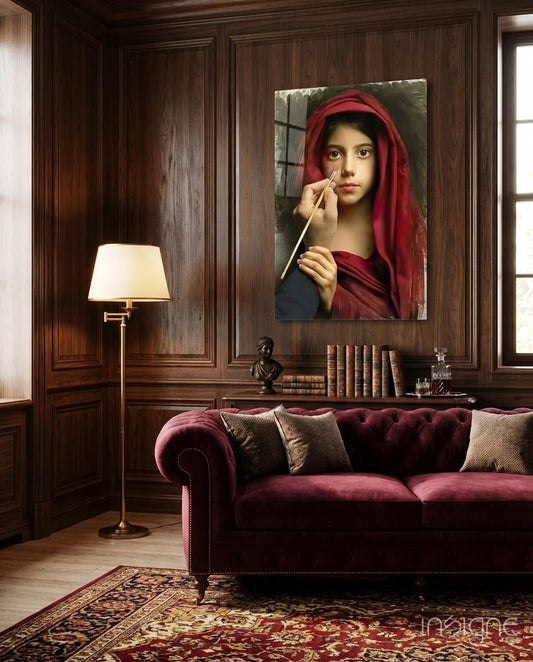 Portrait glass wall art displayed above a velvet sofa in a wood-paneled library