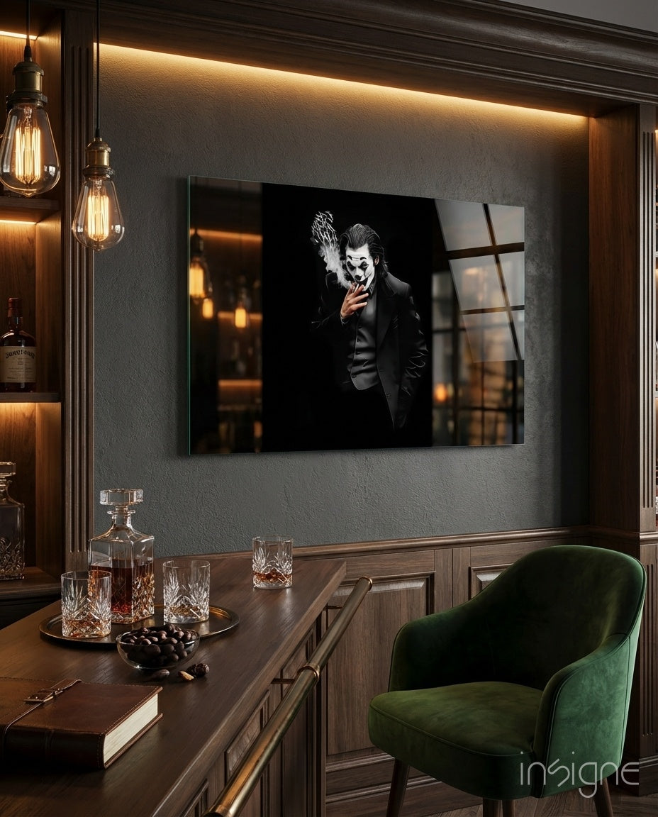 Joker glass wall art displayed above a whiskey bar in a wood-paneled lounge