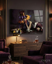 Hatter glass wall art displayed above a wood sideboard in a plum-velvet lounge