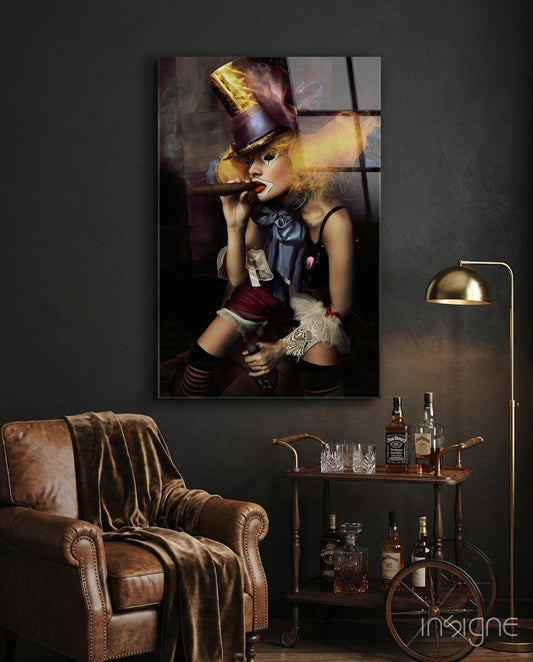 Cigar Hatter glass wall art displayed above a leather chair in a dark lounge
