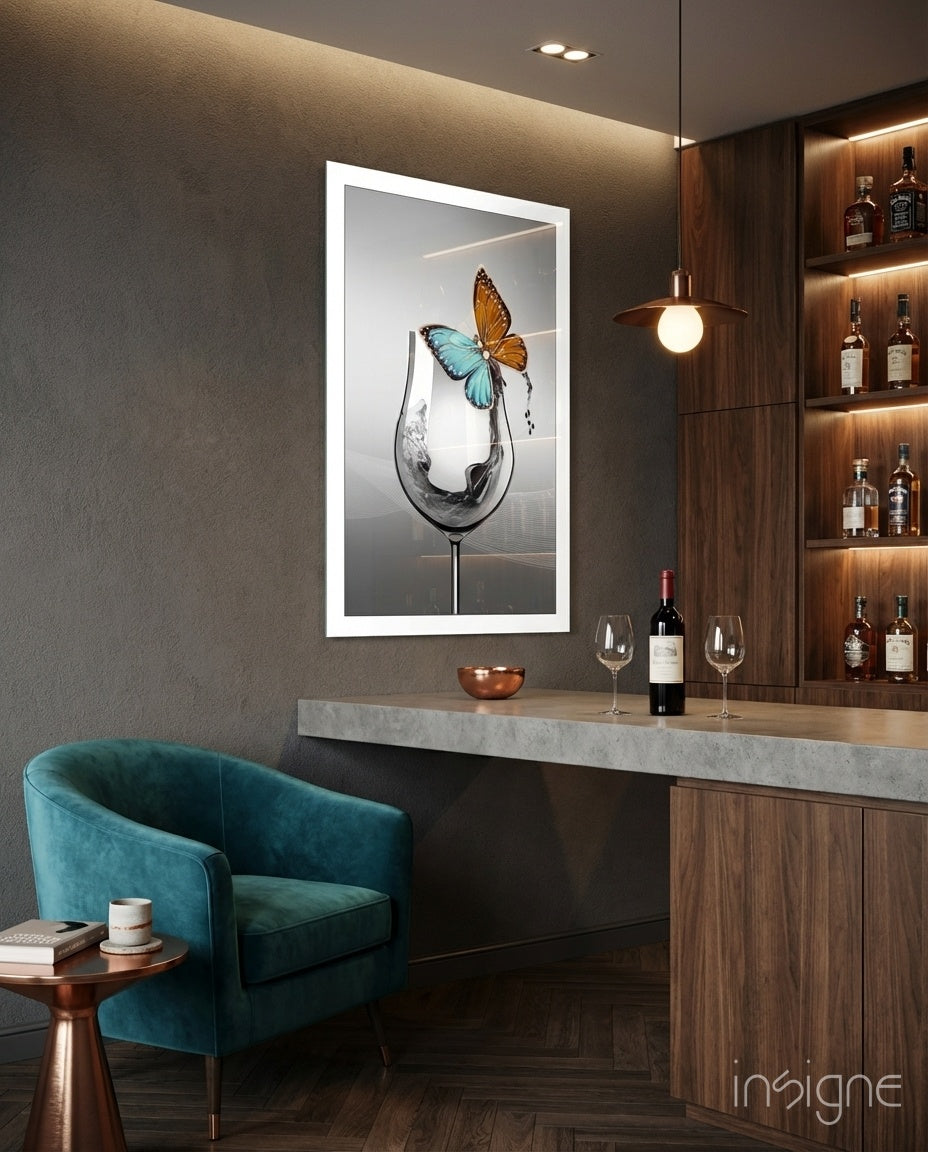 Wine Butterfly glass wall art displayed above a bar counter in a wood-paneled lounge