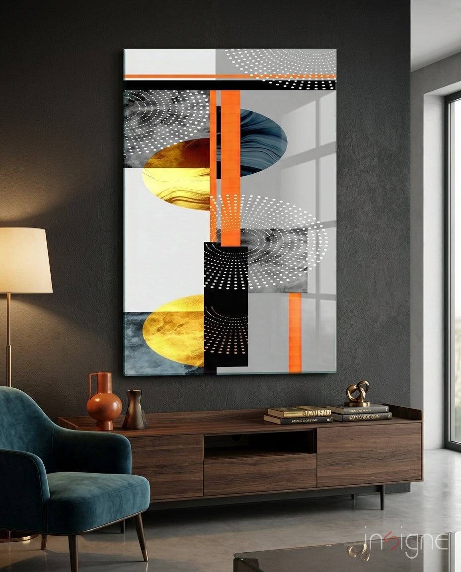 Geo Stack glass wall art displayed above a sideboard in a charcoal-walled living room