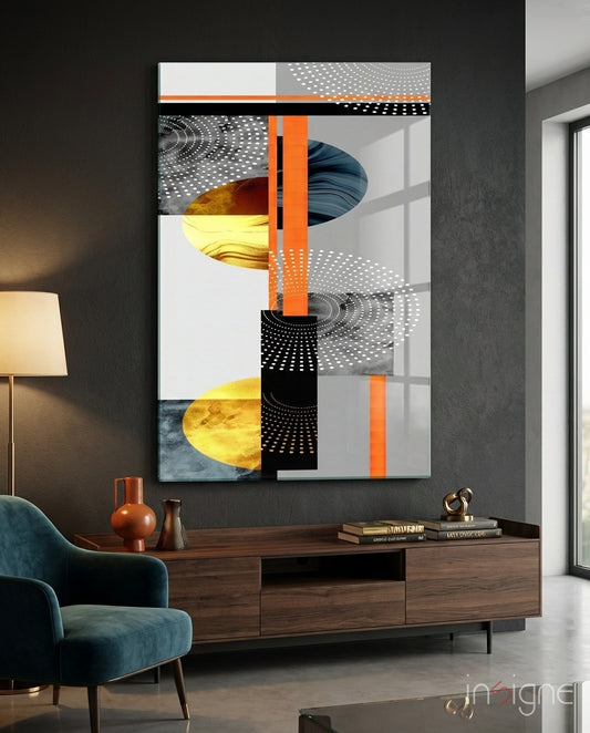 Geo Stack glass wall art displayed above a sideboard in a charcoal-walled living room