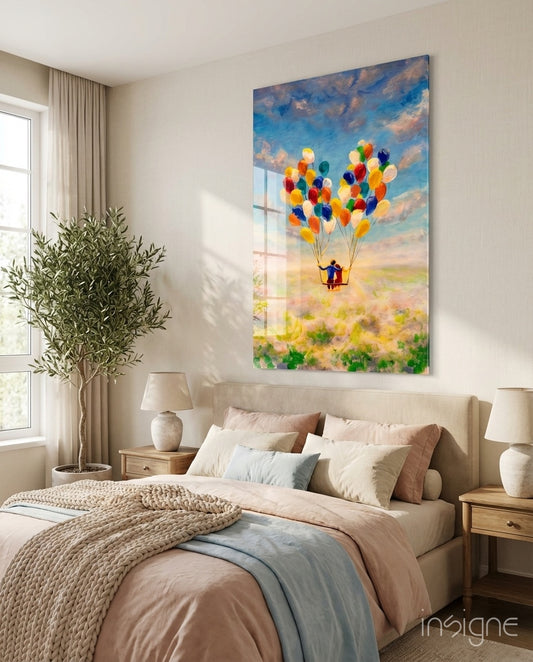 Balloons glass wall art displayed above a bed in a soft-cream bedroom