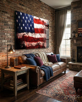 American Flag glass wall art displayed above a leather sofa in a brick-walled study