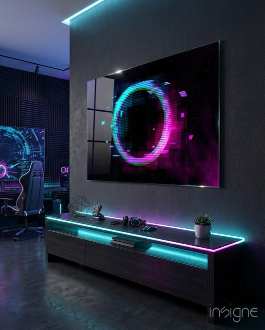 Neon Ring glass wall art displayed above a console in a neon-lit gaming lounge