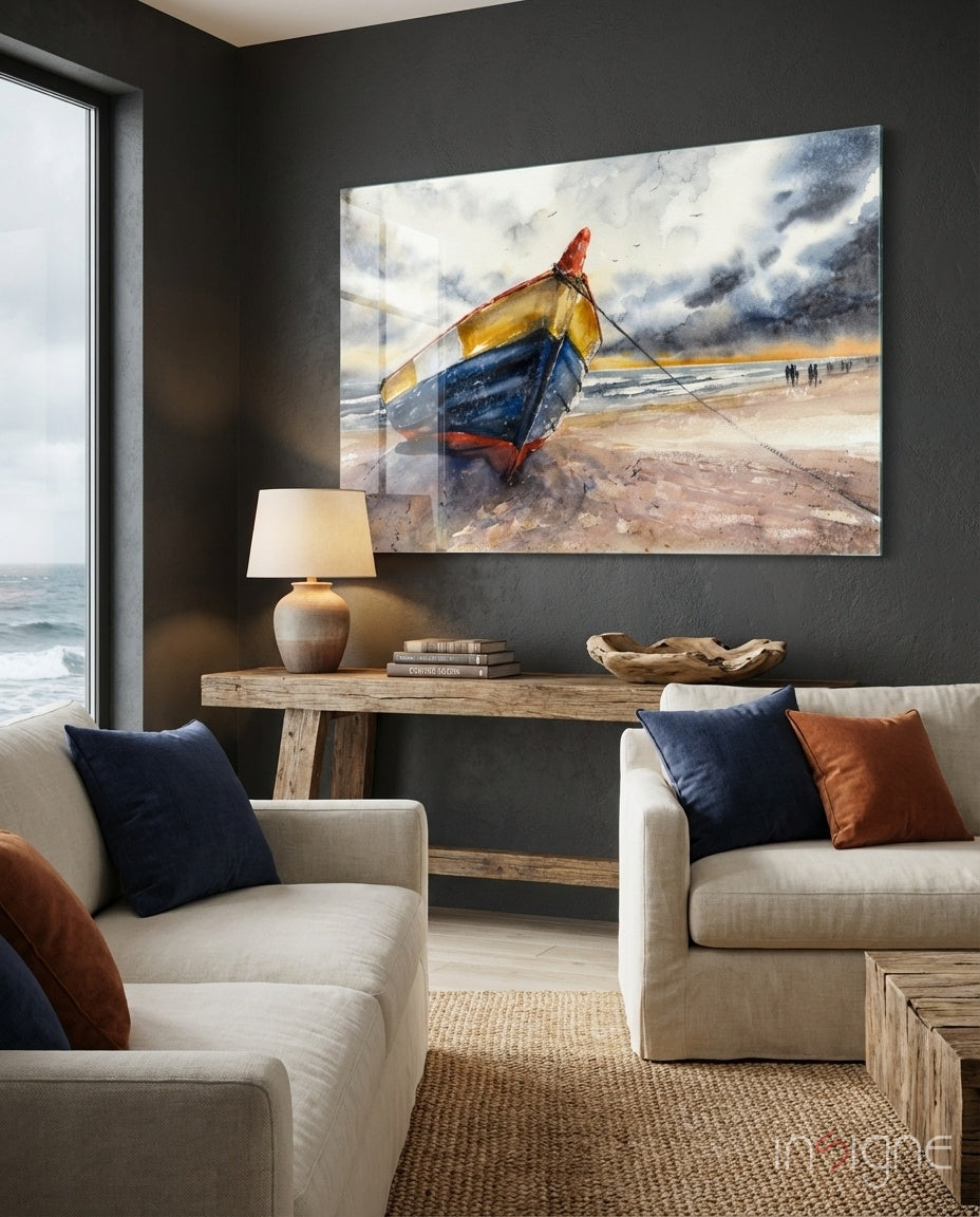 Fishing Boat glass wall art displayed above a console in a coastal living room
