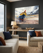 Fishing Boat glass wall art displayed above a console in a coastal living room