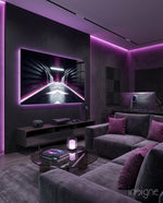 Neon Tunnel glass wall art displayed above a sideboard in a magenta-lit gaming lounge