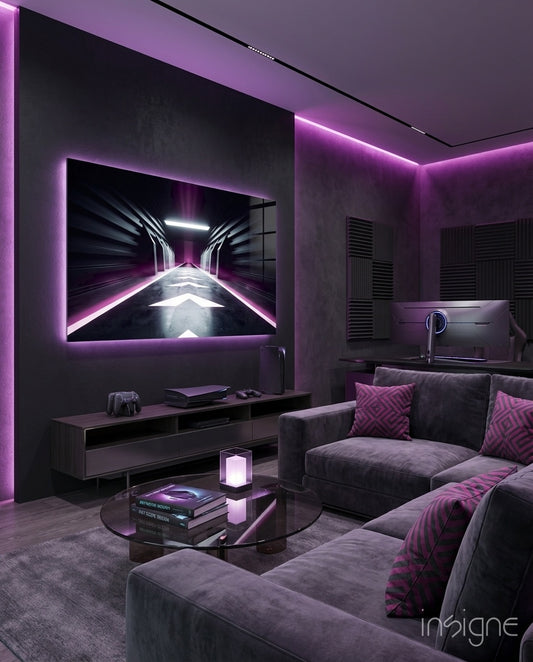 Neon Tunnel glass wall art displayed above a sideboard in a magenta-lit gaming lounge