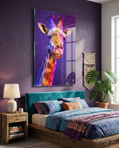 Giraffe glass wall art displayed above a teal velvet headboard in a violet bedroom