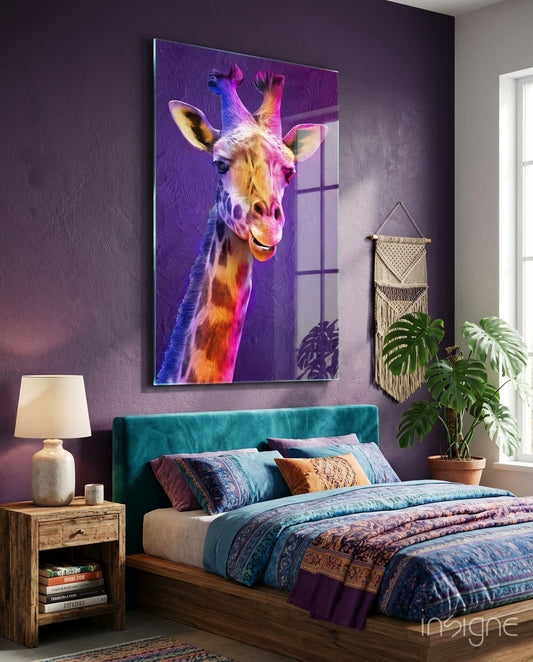 Giraffe glass wall art displayed above a teal velvet headboard in a violet bedroom