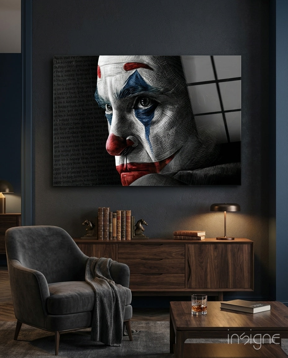 Joker Sketch glass wall art displayed above a sideboard in a navy-walled study