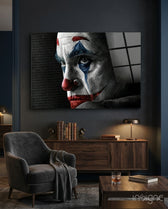 Joker Sketch glass wall art displayed above a sideboard in a navy-walled study