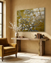 Mustard Almond glass wall art displayed above a console in an ochre-walled foyer